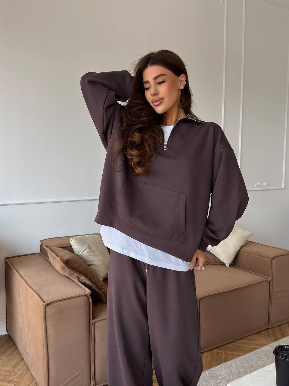 Completo Donna Felpa Mezza Zip e Pantaloni Ampi Coordinato Donna