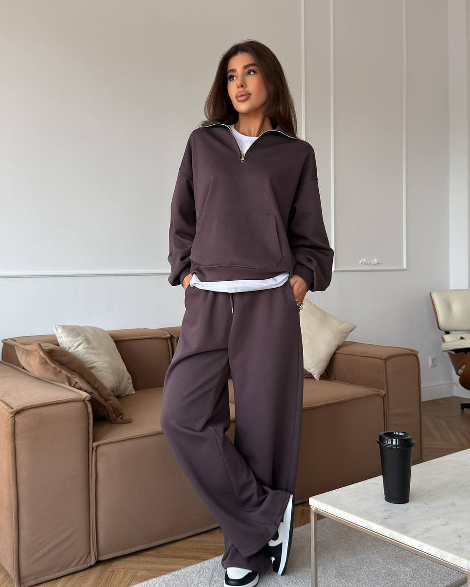 Completo Donna Felpa Mezza Zip e Pantaloni Ampi Coordinato Donna