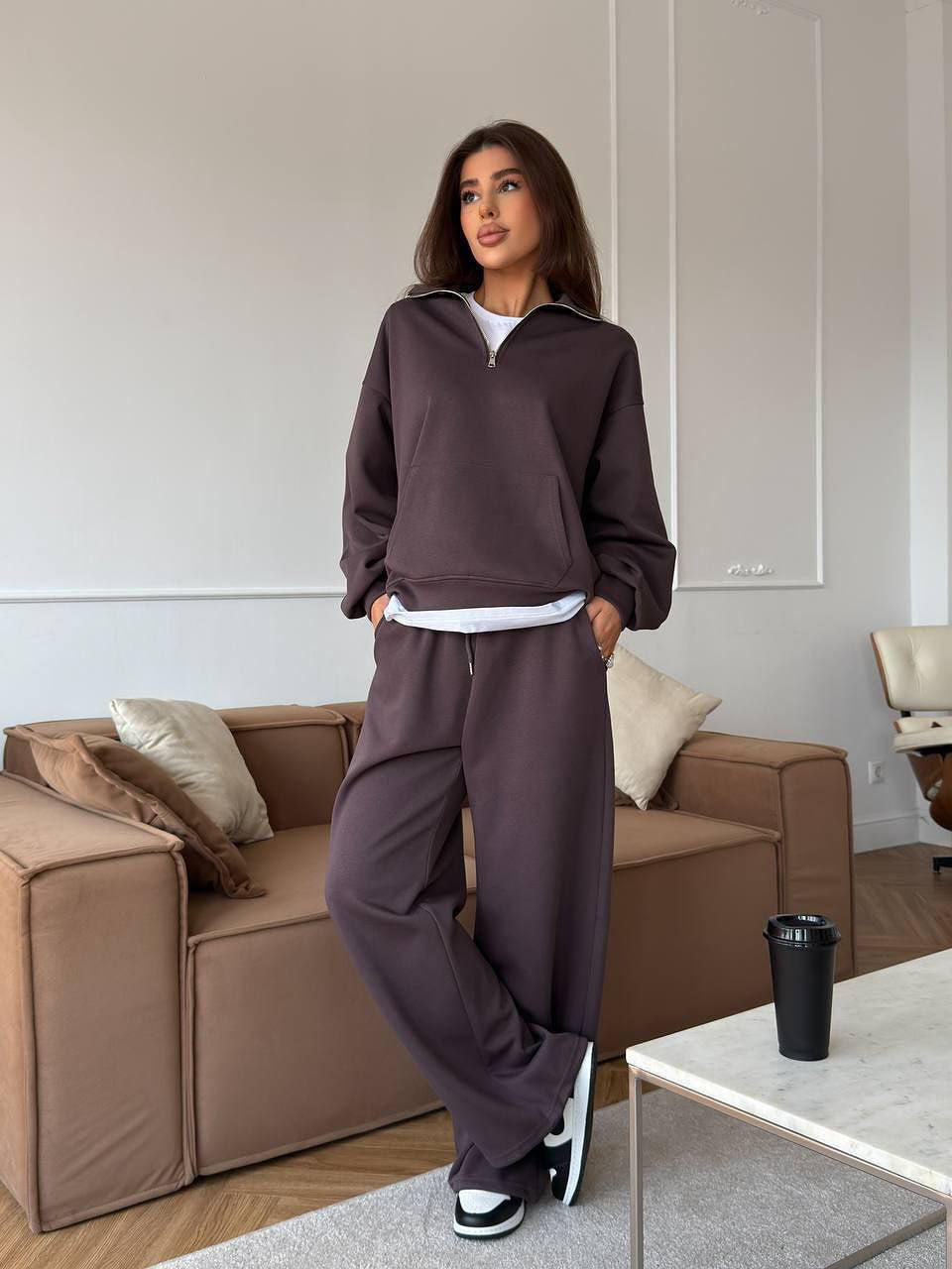 Completo Donna Felpa Mezza Zip e Pantaloni Ampi Coordinato Donna