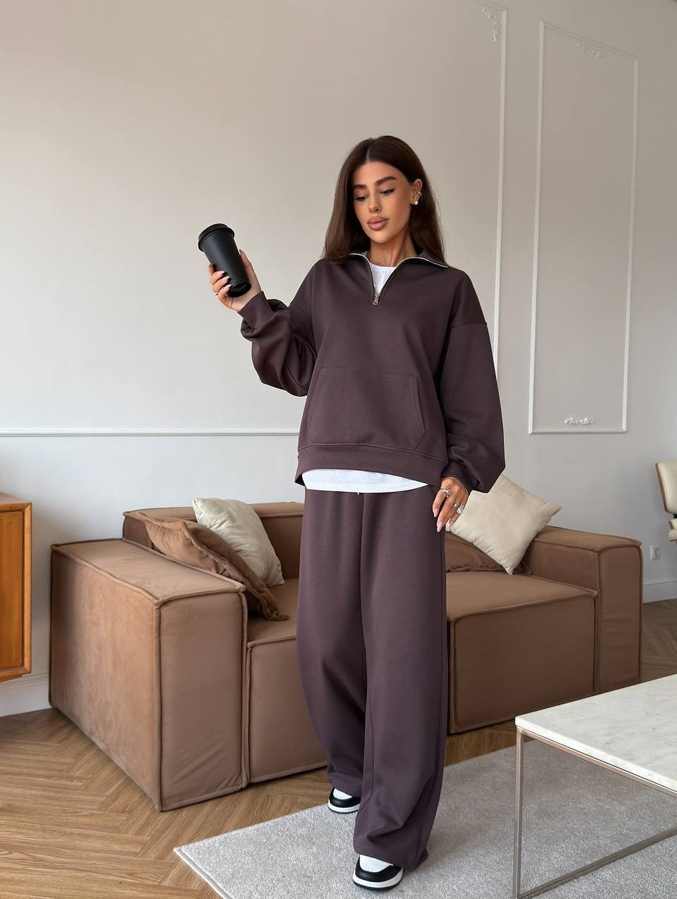 Completo Donna Felpa Mezza Zip e Pantaloni Ampi Coordinato Donna