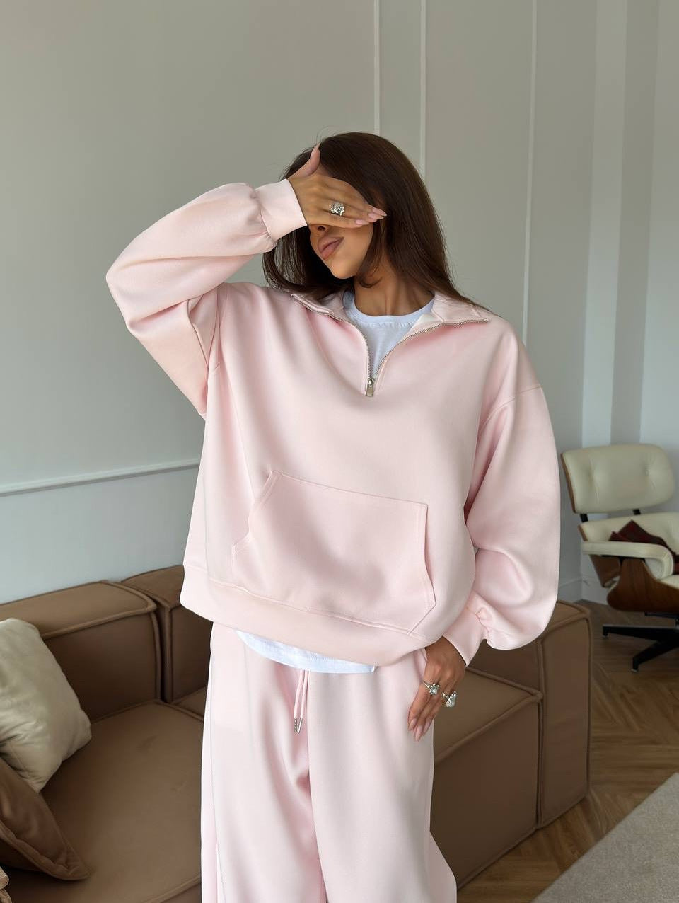 Completo Donna Felpa Mezza Zip e Pantaloni Ampi Coordinato Donna