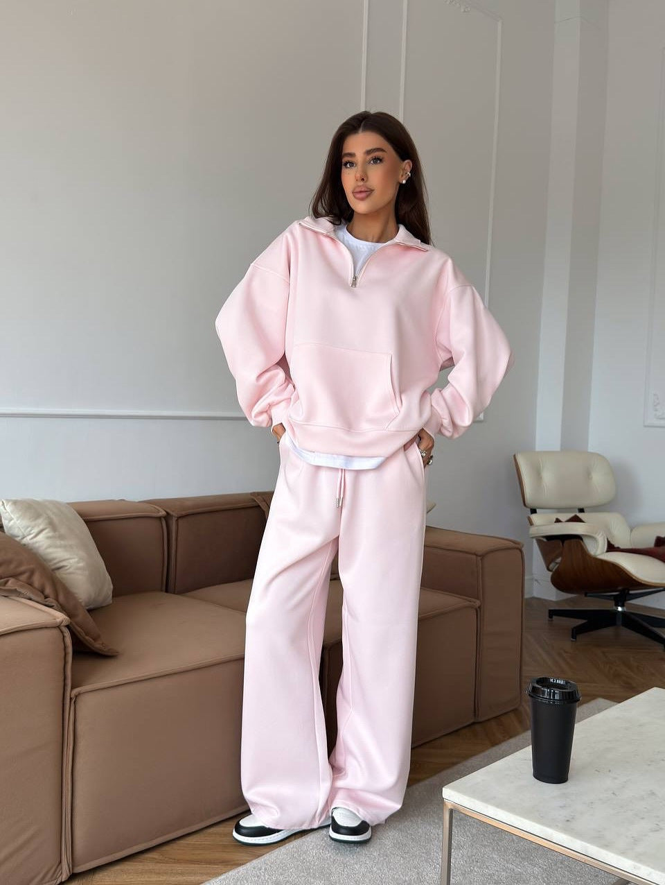 Completo Donna Felpa Mezza Zip e Pantaloni Ampi Coordinato Donna