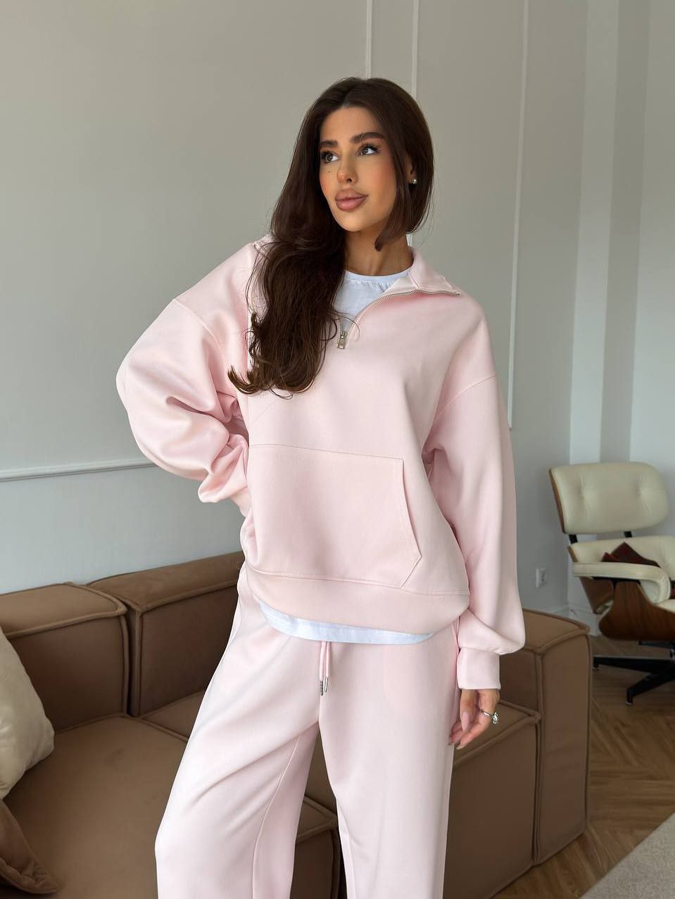 Completo Donna Felpa Mezza Zip e Pantaloni Ampi Coordinato Donna