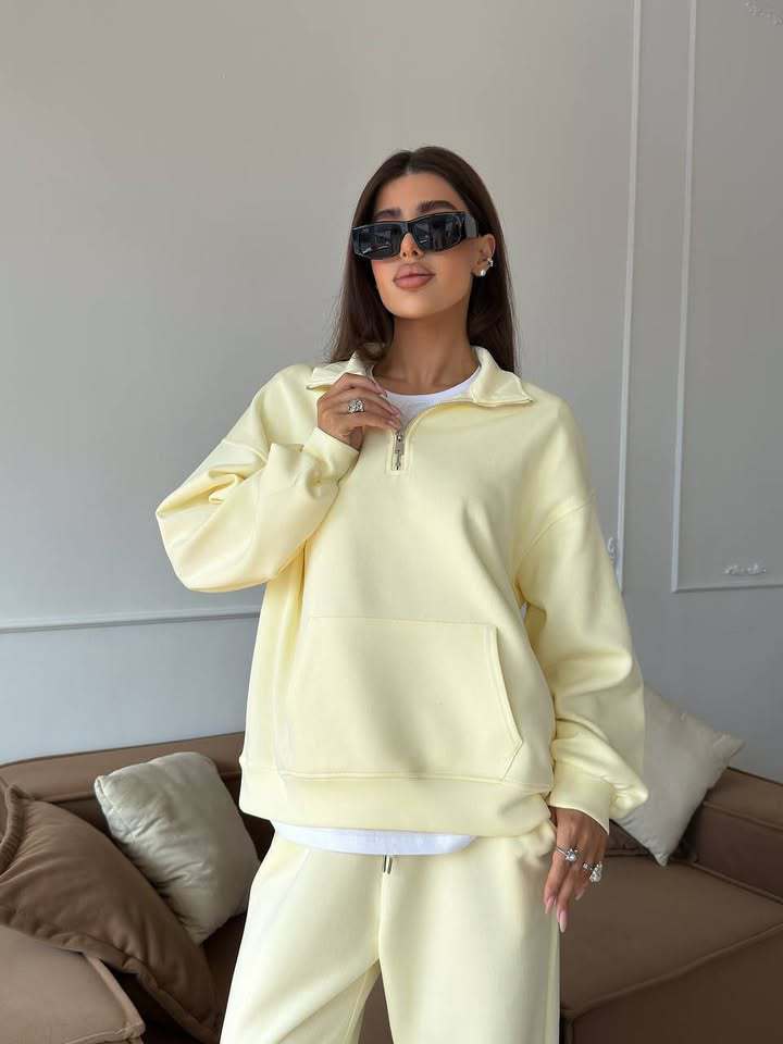 Completo Donna Felpa Mezza Zip e Pantaloni Ampi Coordinato Donna