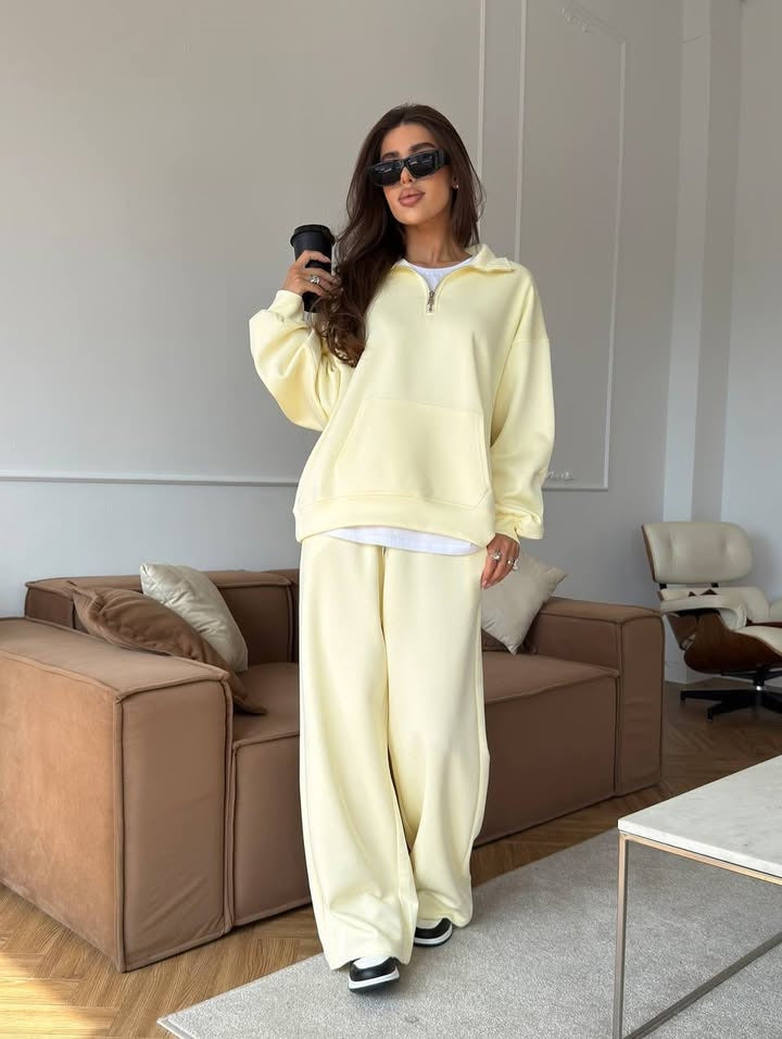 Completo Donna Felpa Mezza Zip e Pantaloni Ampi Coordinato Donna