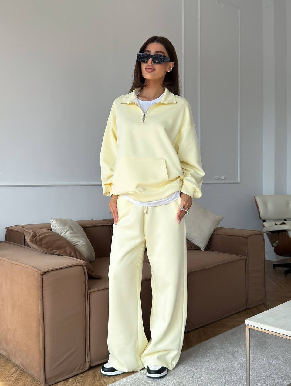Completo Donna Felpa Mezza Zip e Pantaloni Ampi Coordinato Donna