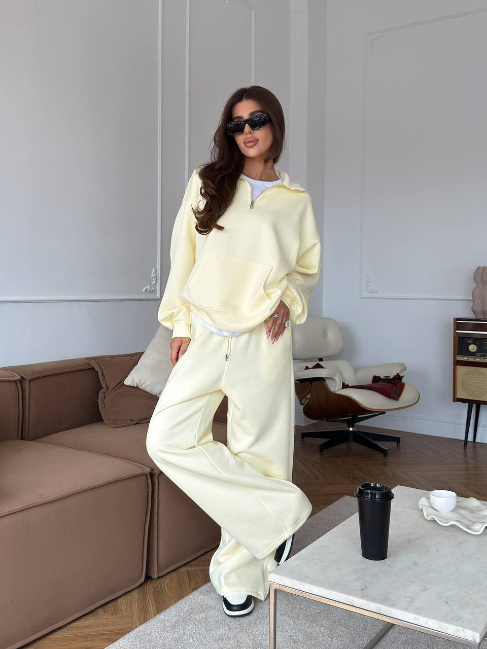 Completo Donna Felpa Mezza Zip e Pantaloni Ampi Coordinato Donna