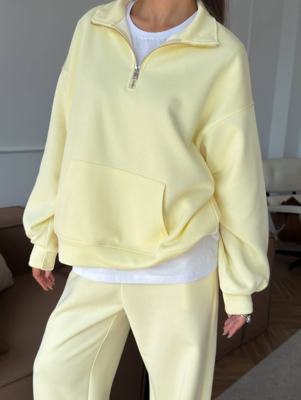 Completo Donna Felpa Mezza Zip e Pantaloni Ampi Coordinato Donna