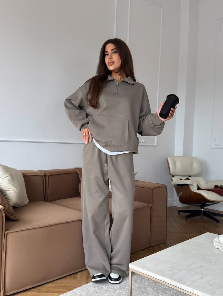 Completo Donna Felpa Mezza Zip e Pantaloni Ampi Coordinato Donna