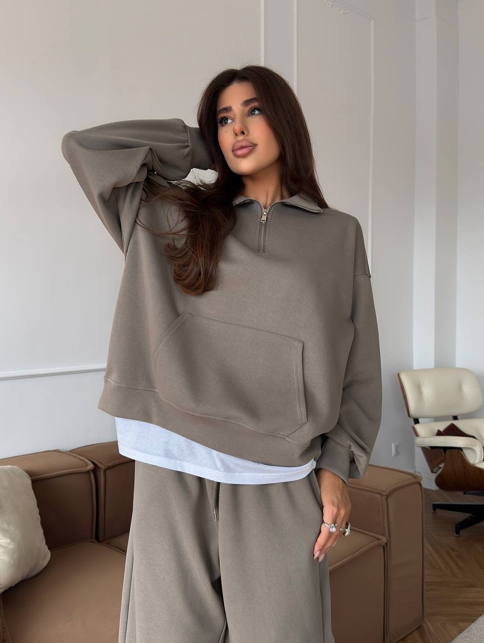 Completo Donna Felpa Mezza Zip e Pantaloni Ampi Coordinato Donna
