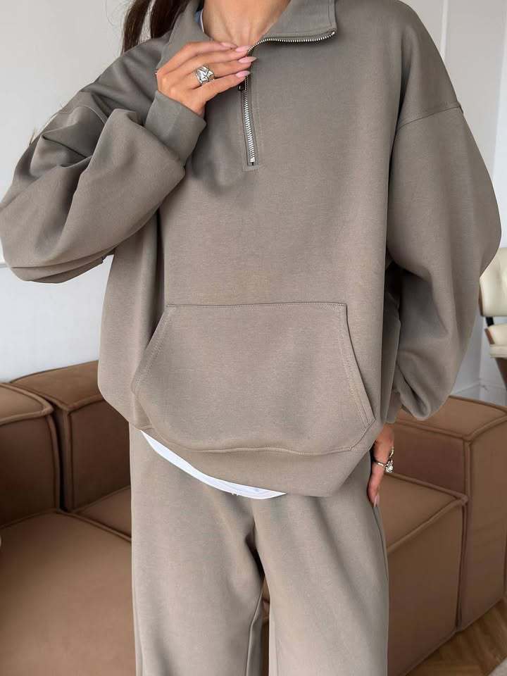 Completo Donna Felpa Mezza Zip e Pantaloni Ampi Coordinato Donna