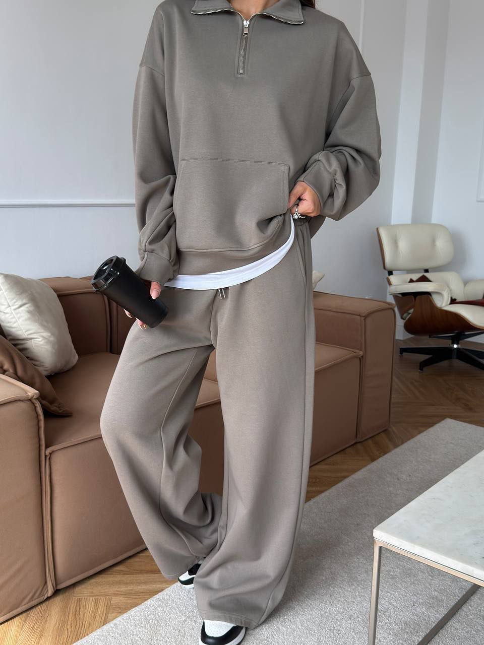 Completo Donna Felpa Mezza Zip e Pantaloni Ampi Coordinato Donna