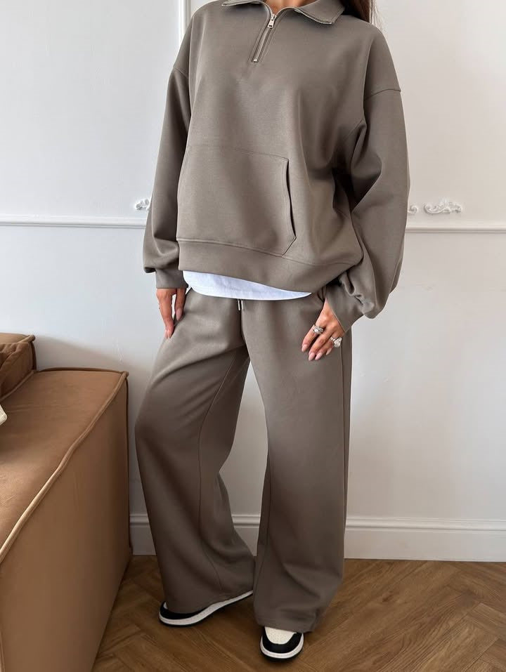 Completo Donna Felpa Mezza Zip e Pantaloni Ampi Coordinato Donna