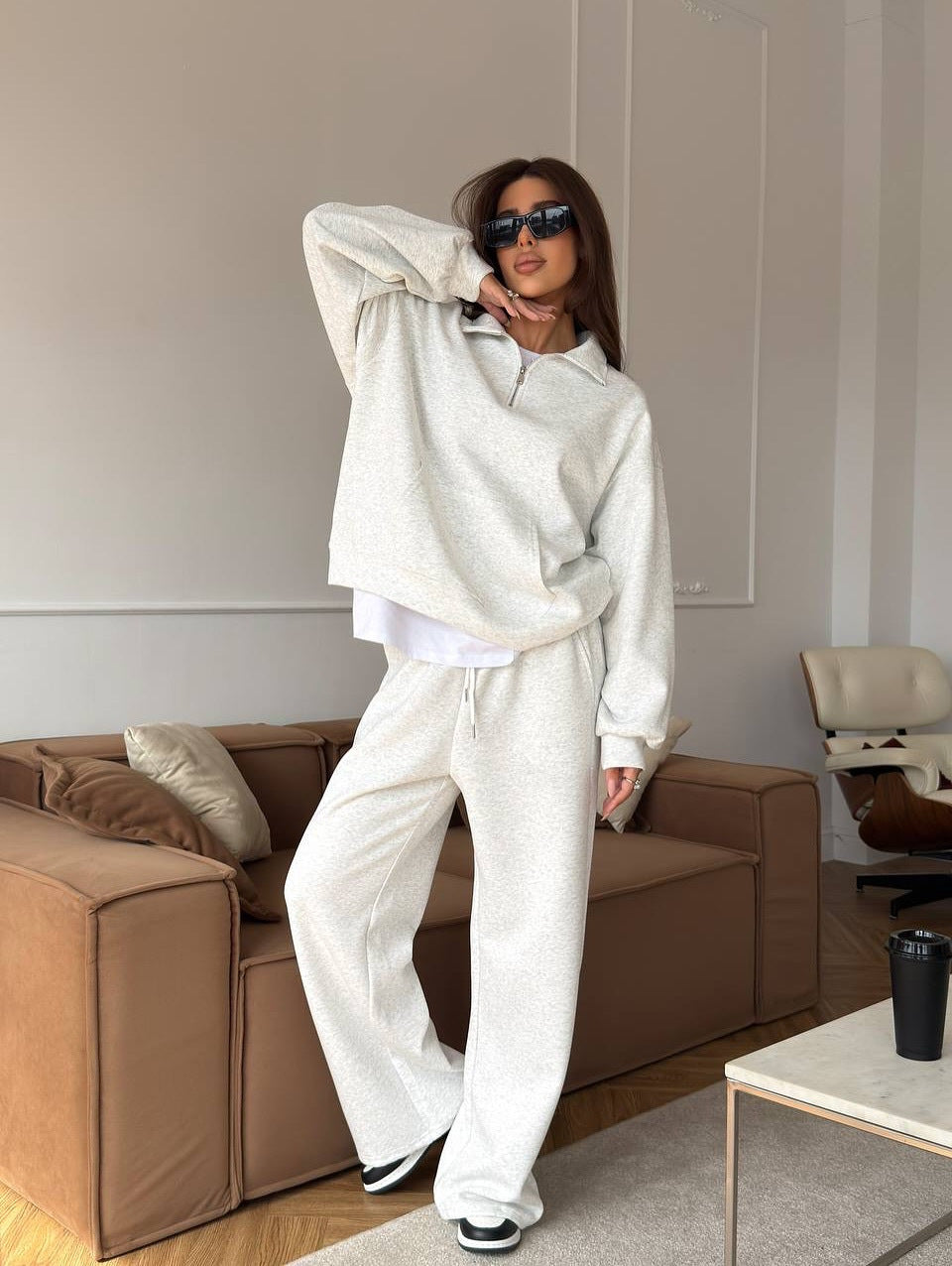 Completo Donna Felpa Mezza Zip e Pantaloni Ampi Coordinato Donna