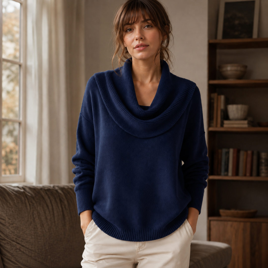 Maglione Donna Collo Drappeggiato a Coste Maniche Lunghe