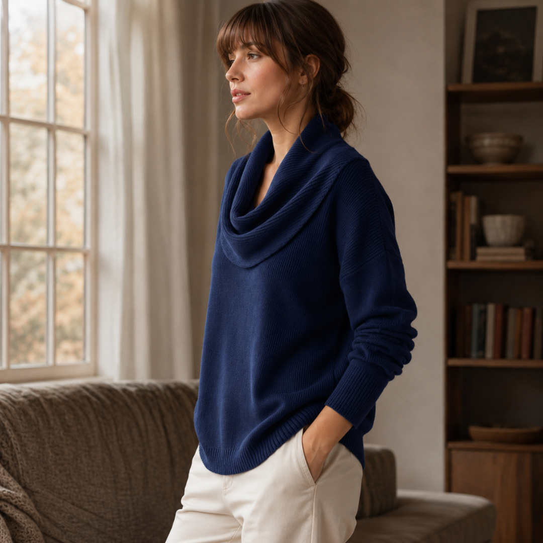 Maglione Donna Collo Drappeggiato a Coste Maniche Lunghe