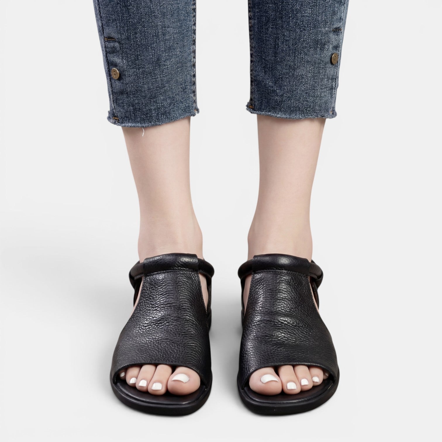 Sandali Donna in Pelle Nera Piatti Flessibili Comodi