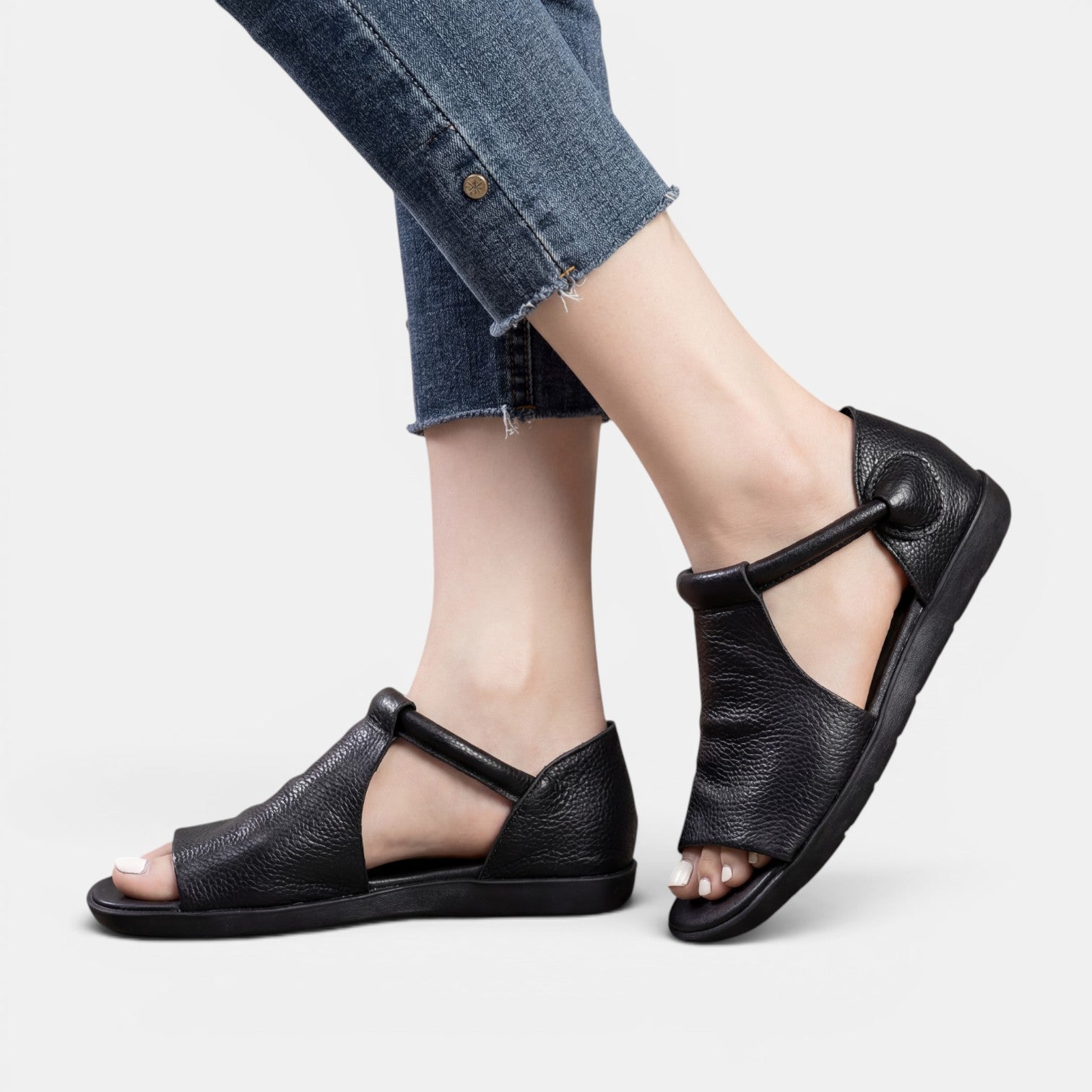 Aurazio Sandali Pelle Nera Piatti Flessibili per Donna