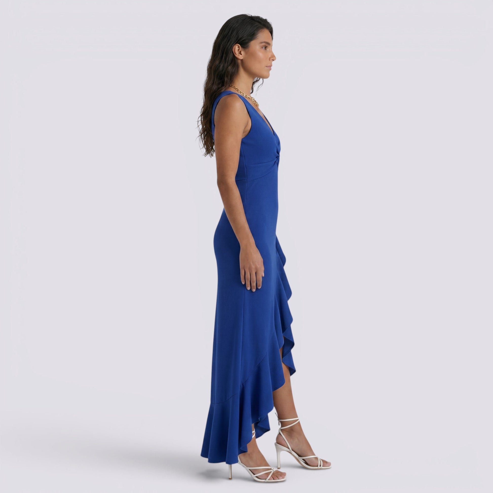 Abito Lungo Donna Scollo a V Smanicato Plissettato Cerimonia