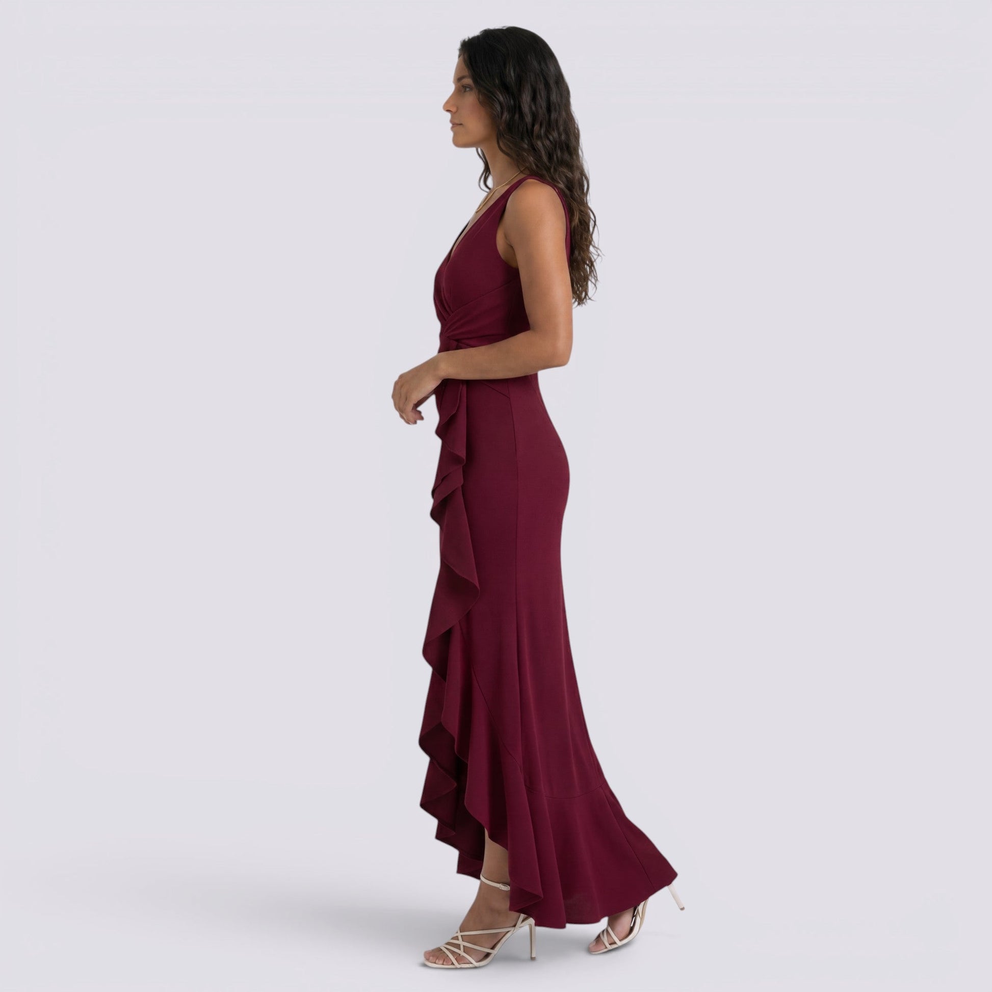 Abito Lungo Donna Scollo a V Smanicato Plissettato Cerimonia