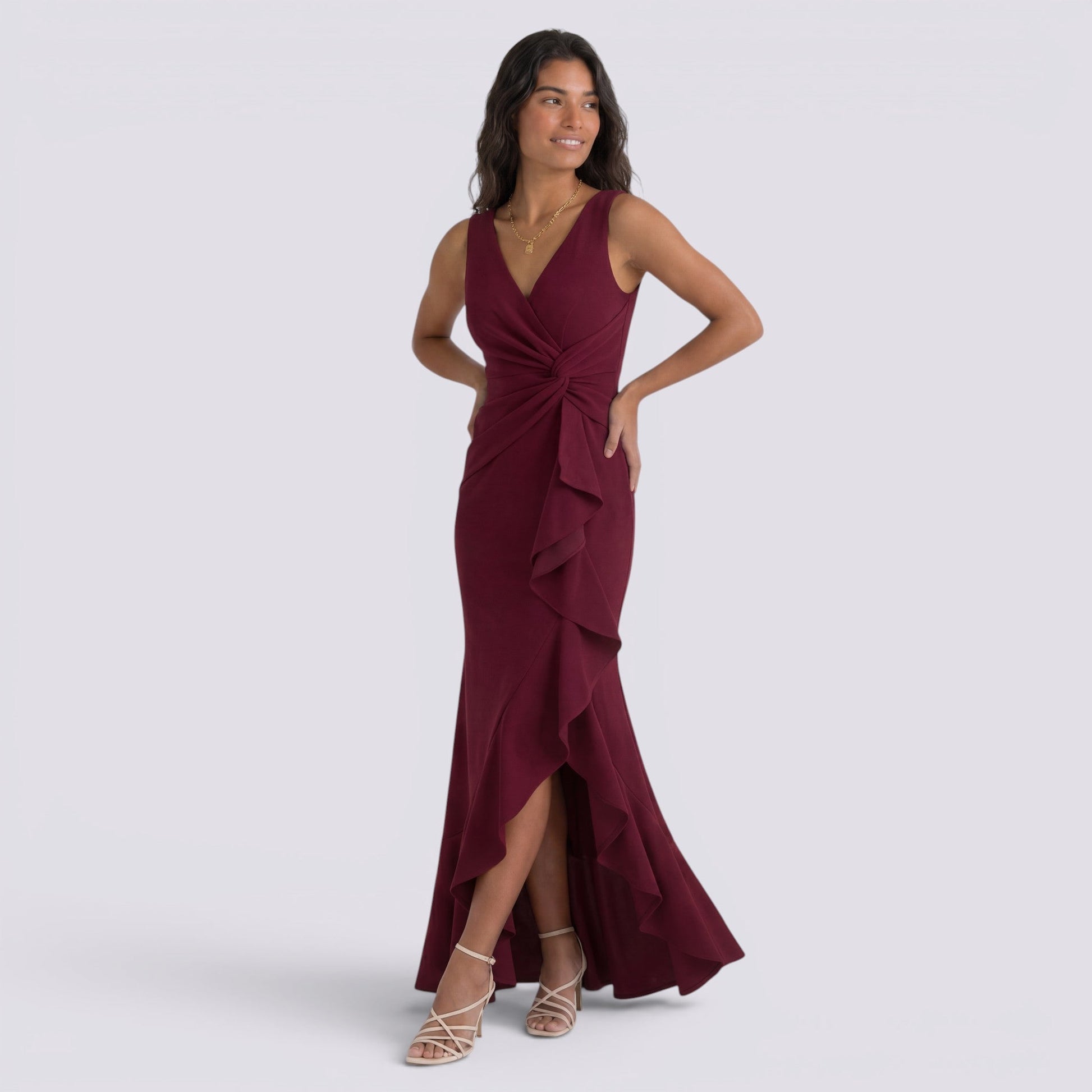 Abito Lungo Donna Scollo a V Smanicato Plissettato Cerimonia