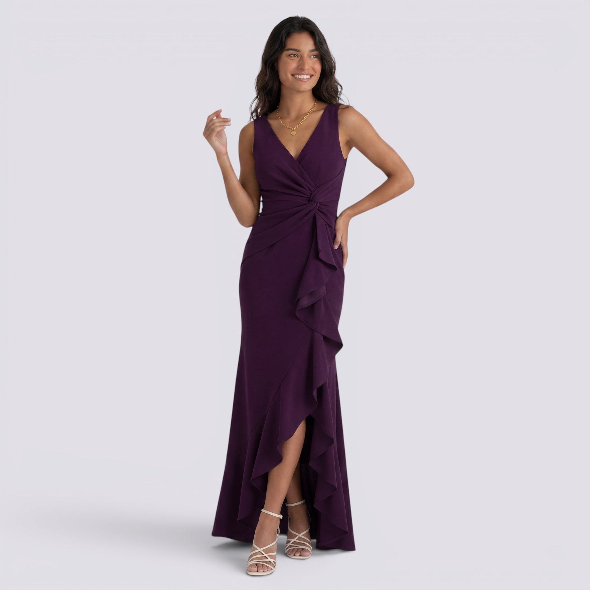 Abito Lungo Donna Scollo a V Smanicato Plissettato Cerimonia
