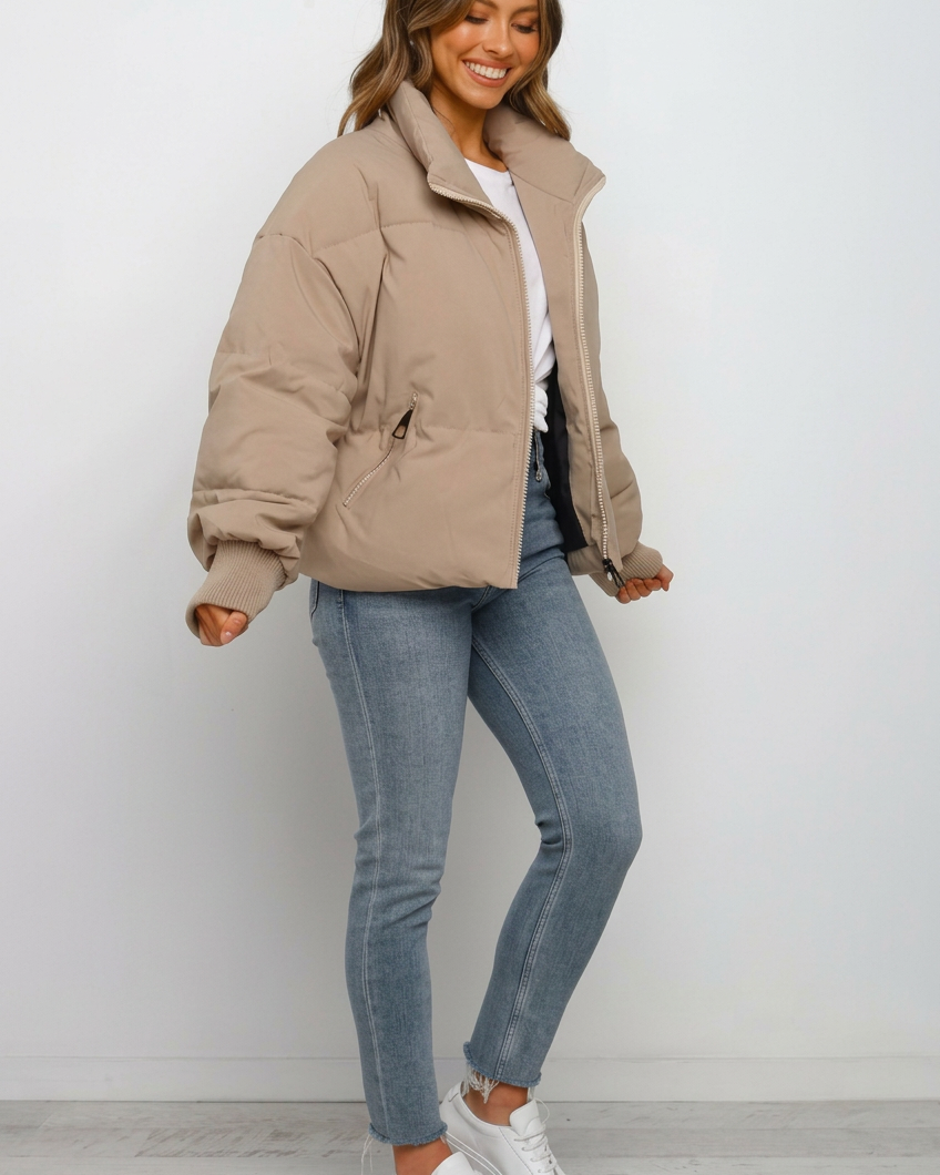 Giubbotto Donna Corto Imbottito Collo Alto Zip Polsini a Costine