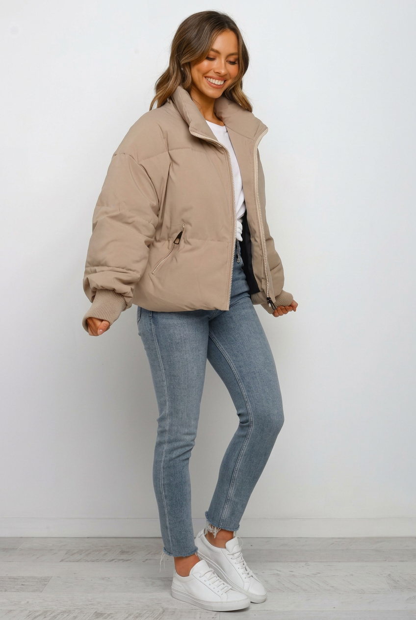 Giubbotto Donna Corto Imbottito Collo Alto Zip Polsini a Costine