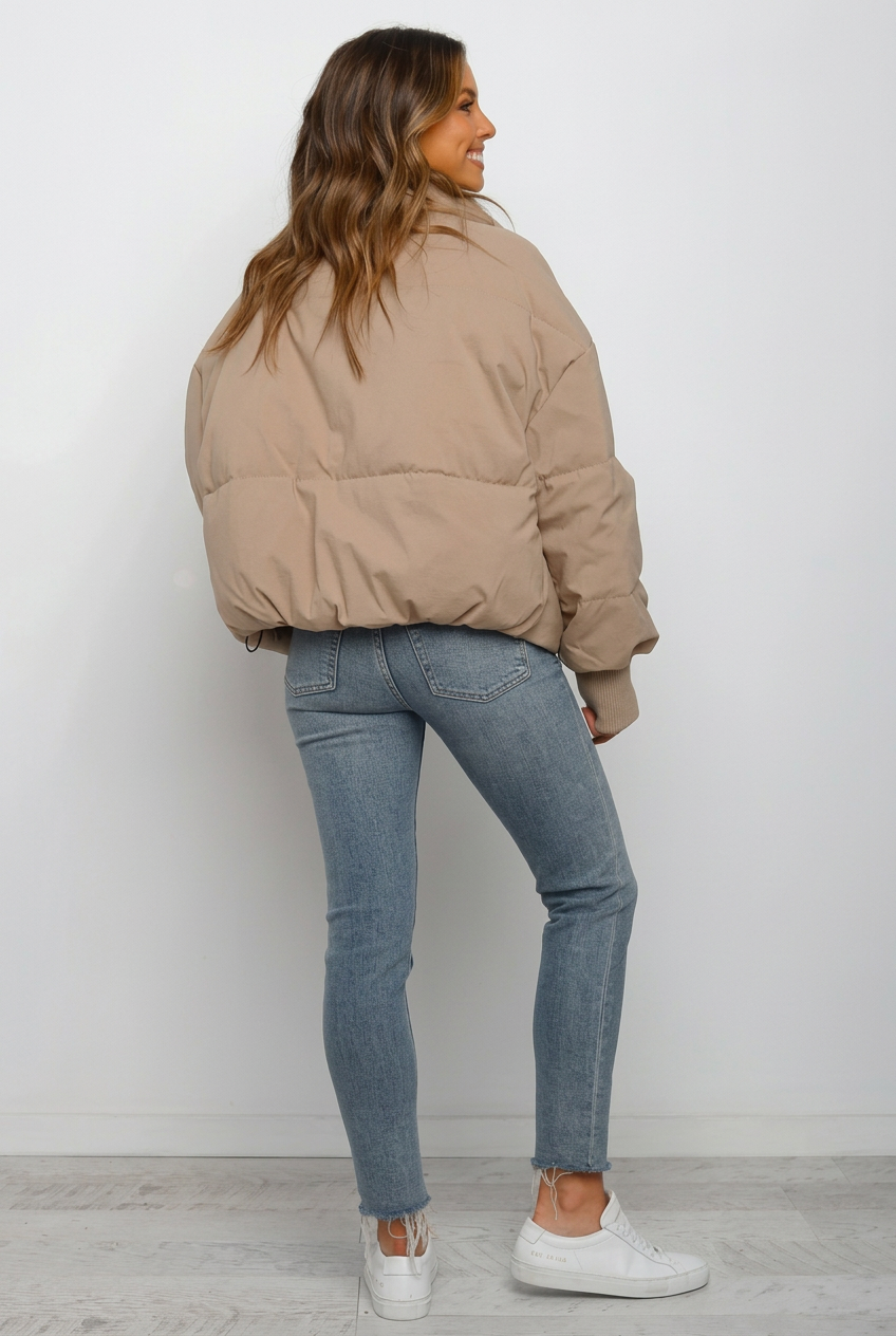 Giubbotto Donna Corto Imbottito Collo Alto Zip Polsini a Costine
