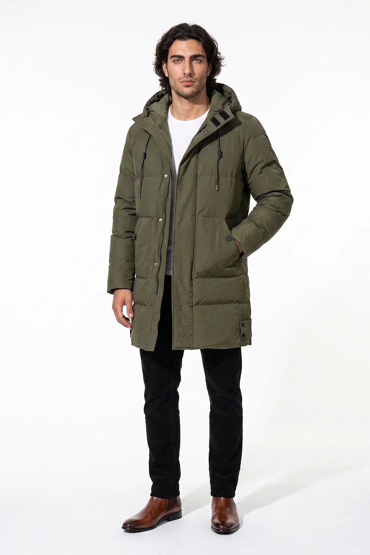 Giubbotto Uomo Lungo Imbottito con Cappuccio Collo Alto Zip