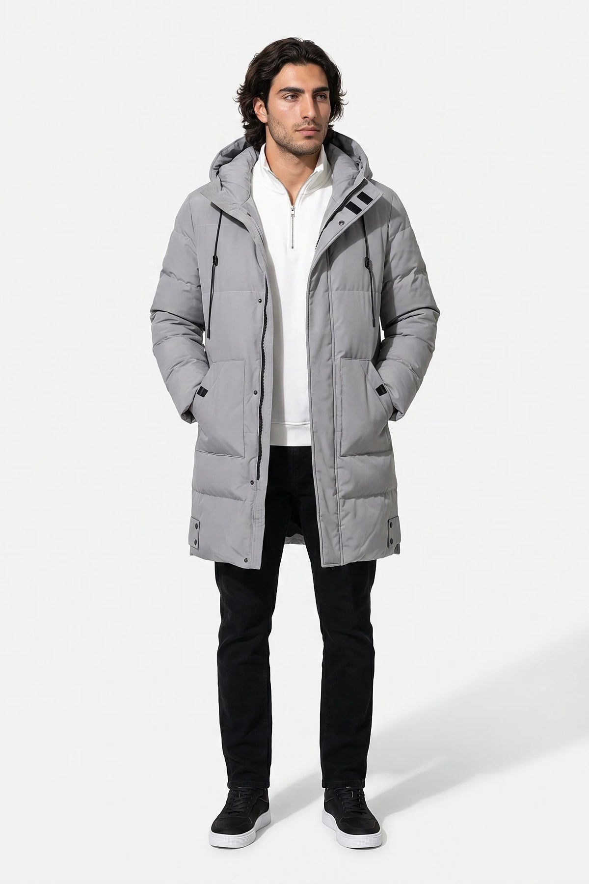 Giubbotto Uomo Lungo Imbottito con Cappuccio Collo Alto Zip