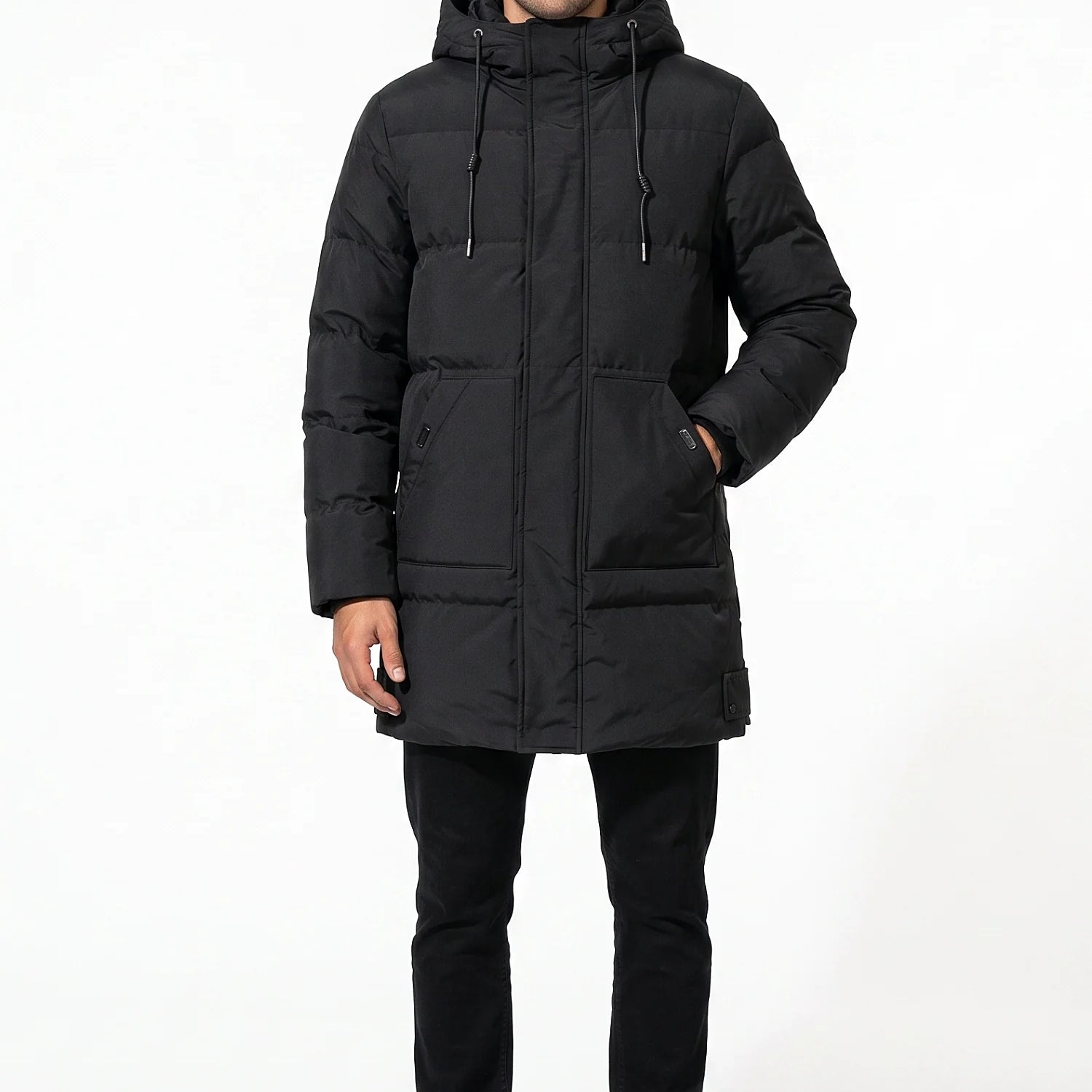 Giubbotto Uomo Lungo Imbottito con Cappuccio Collo Alto Zip
