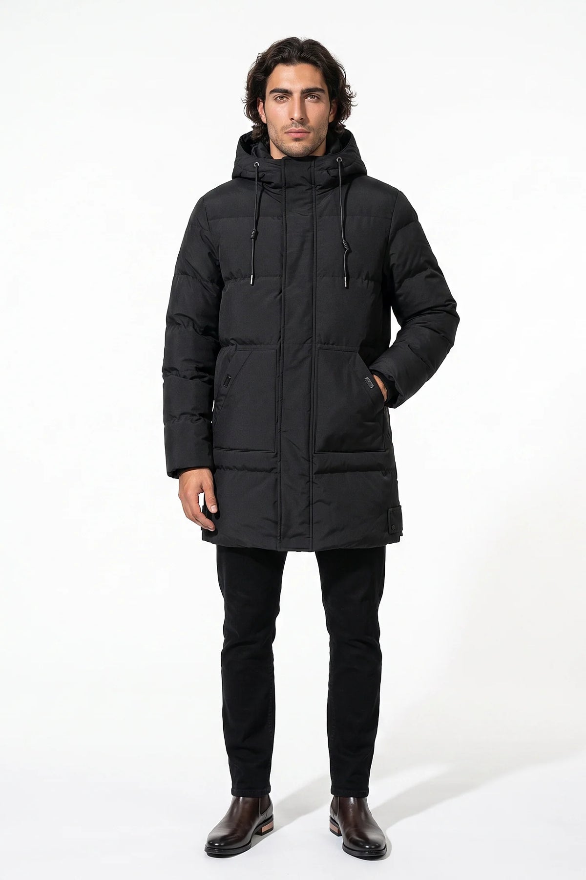 Giubbotto Uomo Lungo Imbottito con Cappuccio Collo Alto Zip