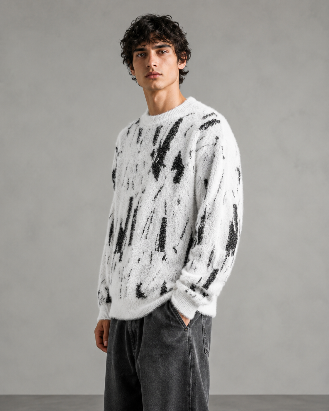 Maglione Uomo Girocollo Spazzolato Motivo Astratto Rilassato