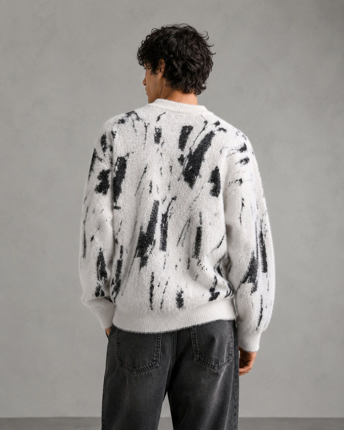 Maglione Uomo Girocollo Spazzolato Motivo Astratto Rilassato