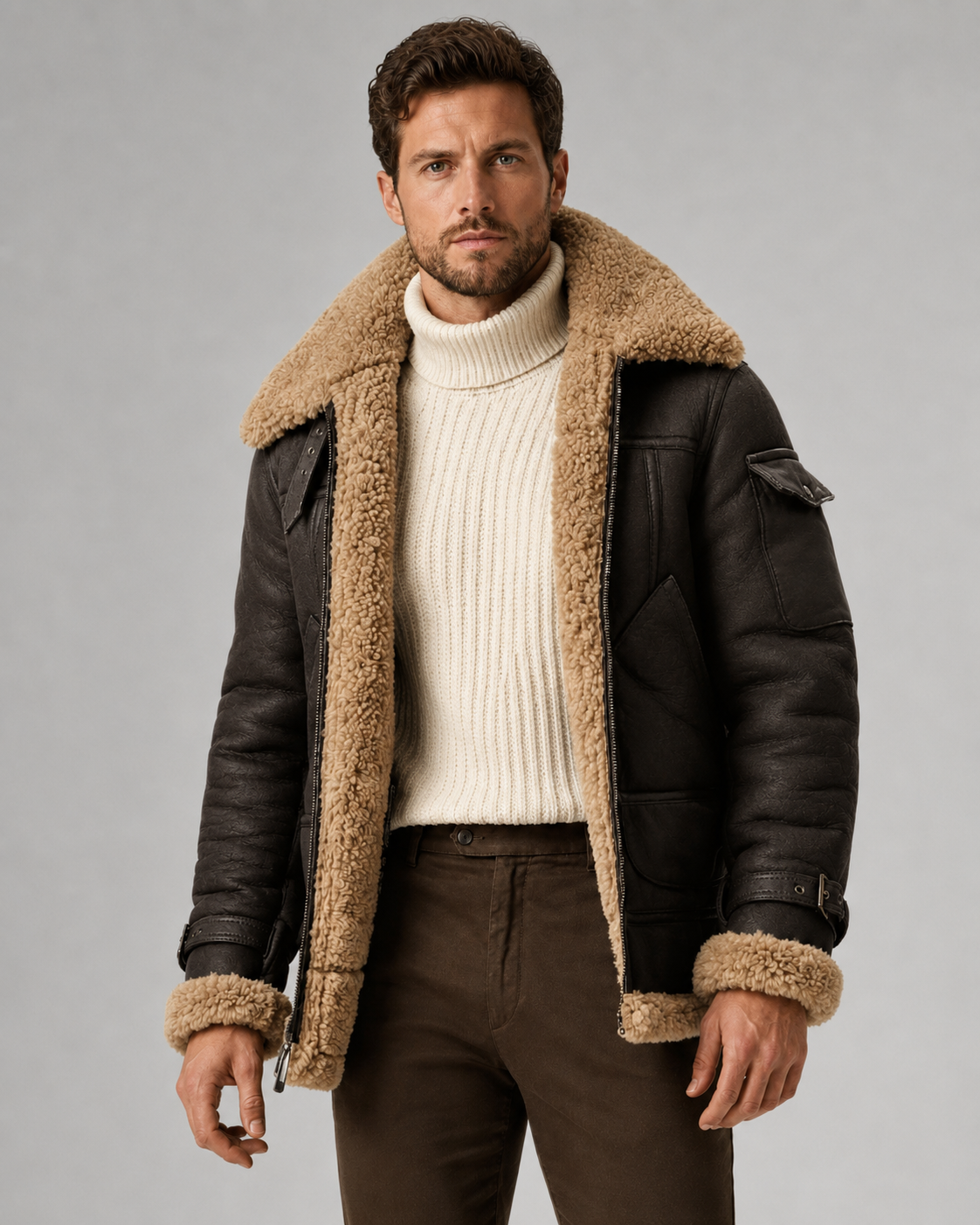 Giacca Aviator Uomo Effetto Pelle Collo Shearling Sintetico
