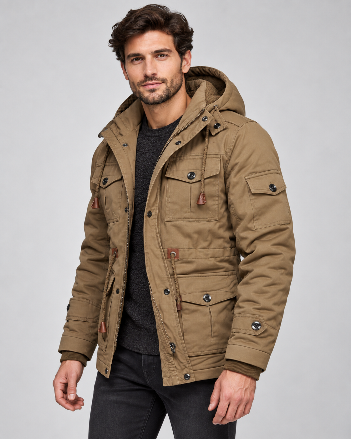 Parka Uomo con Cappuccio Foderato in Pile Multitasche
