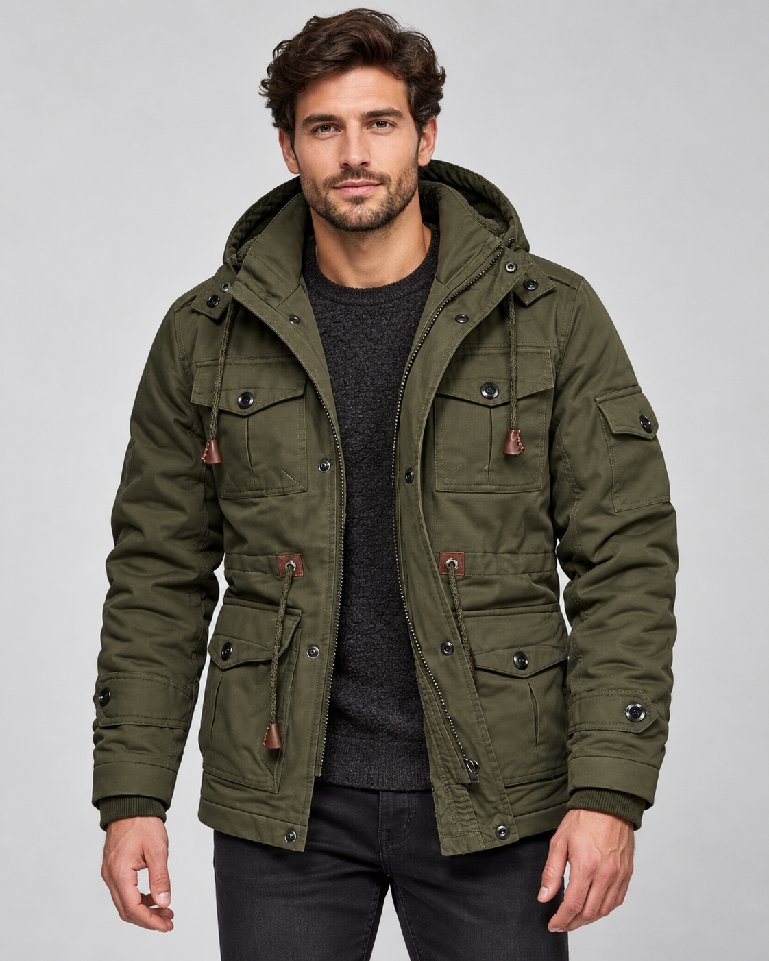Parka Uomo con Cappuccio Foderato in Pile Multitasche