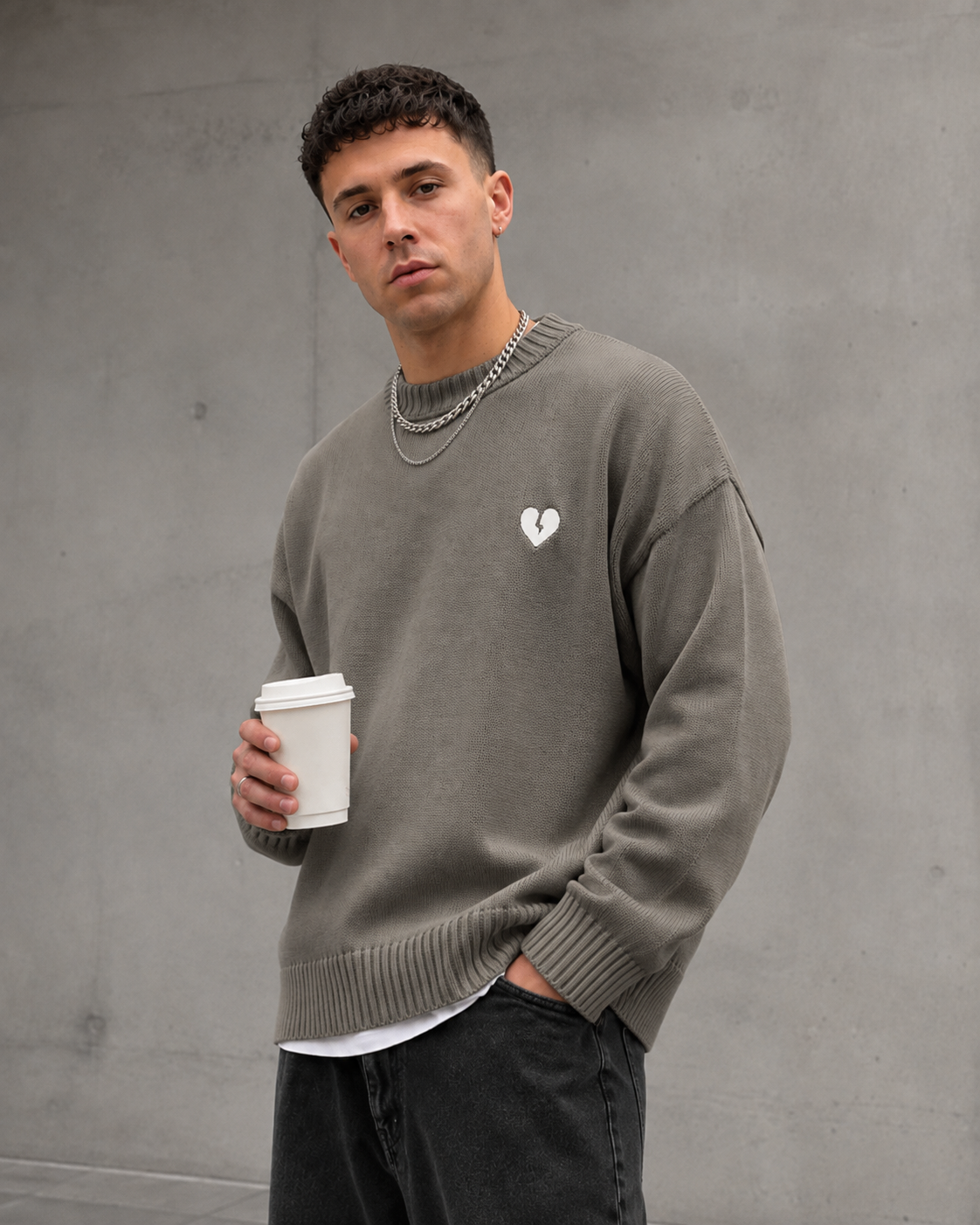 Maglione Uomo Girocollo Rilassato Cuore Spezzato Streetwear