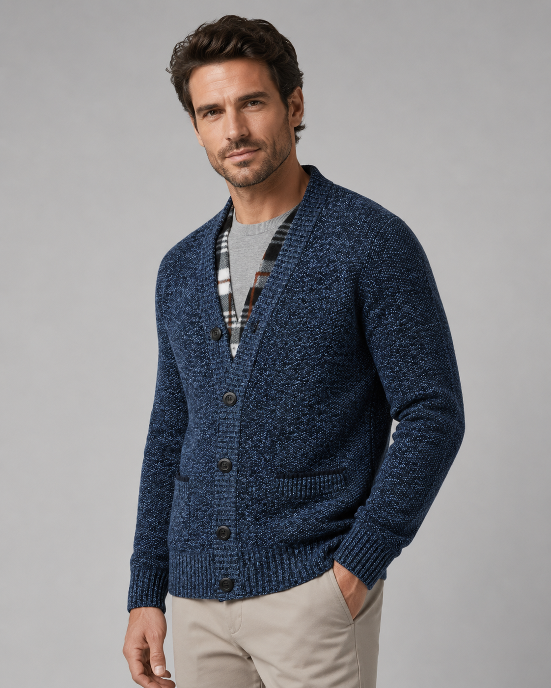Cardigan Uomo Scollo a V in Maglia Melange con Bottoni
