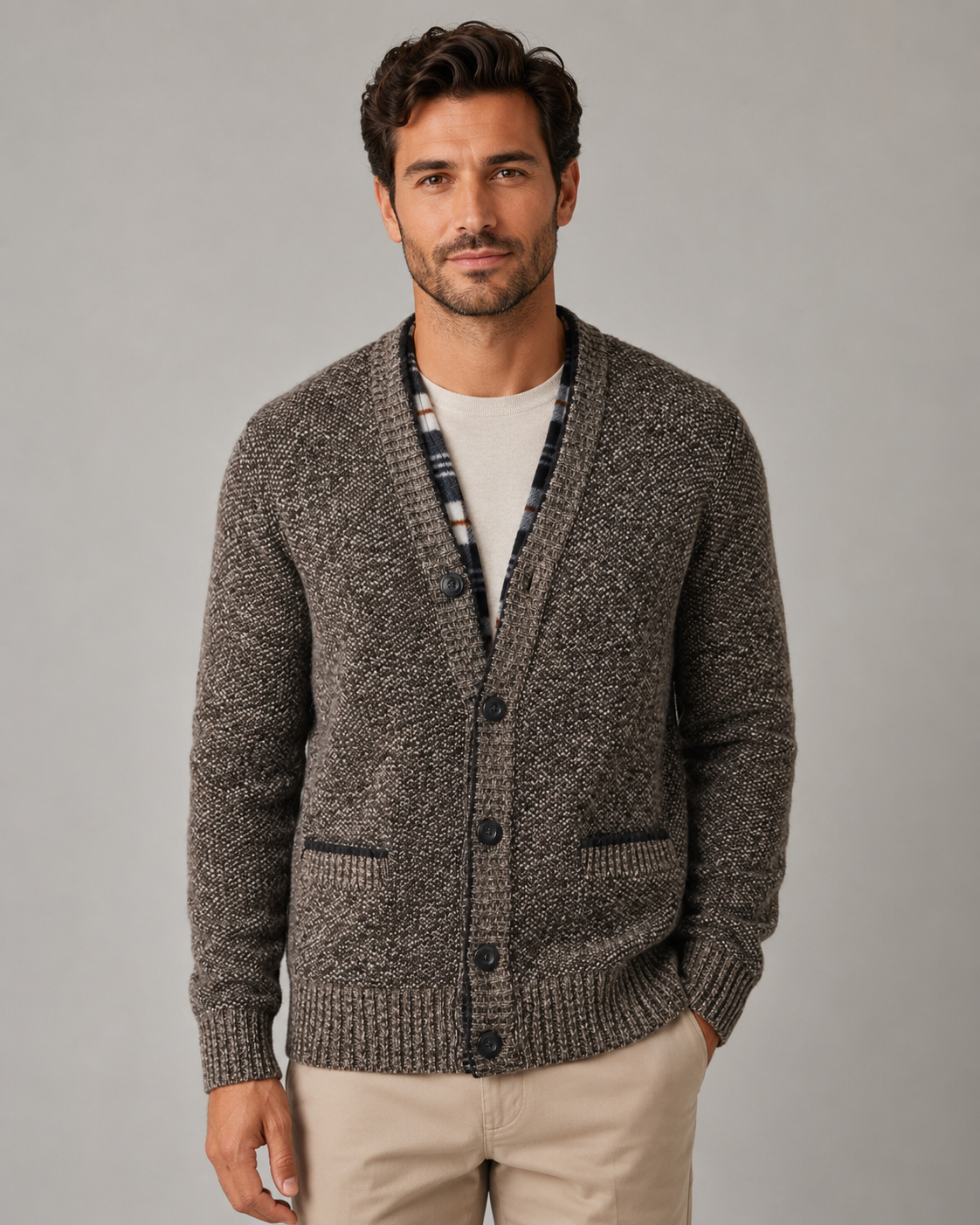 Cardigan Uomo Scollo a V in Maglia Melange con Bottoni