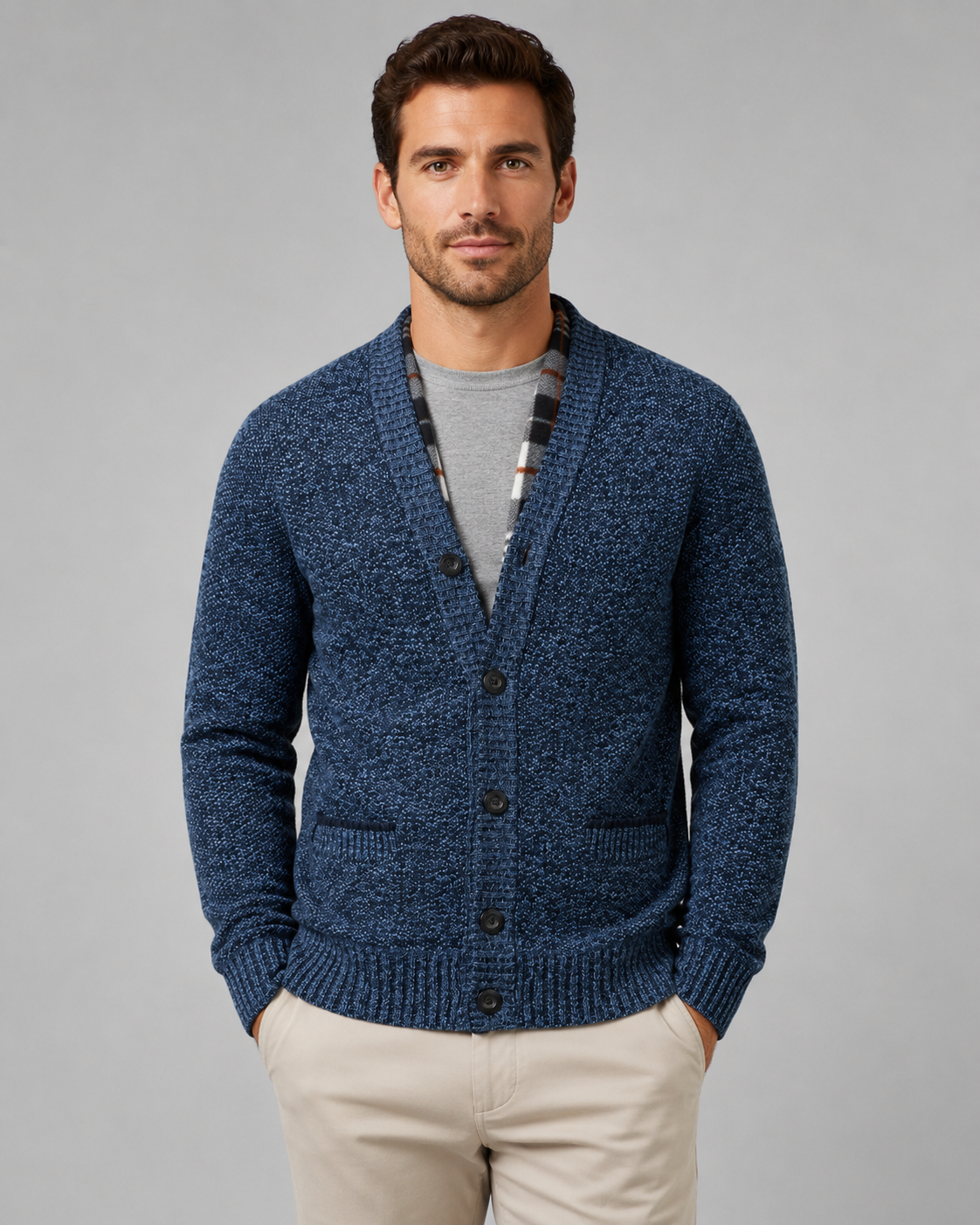 Cardigan Uomo Scollo a V in Maglia Melange con Bottoni