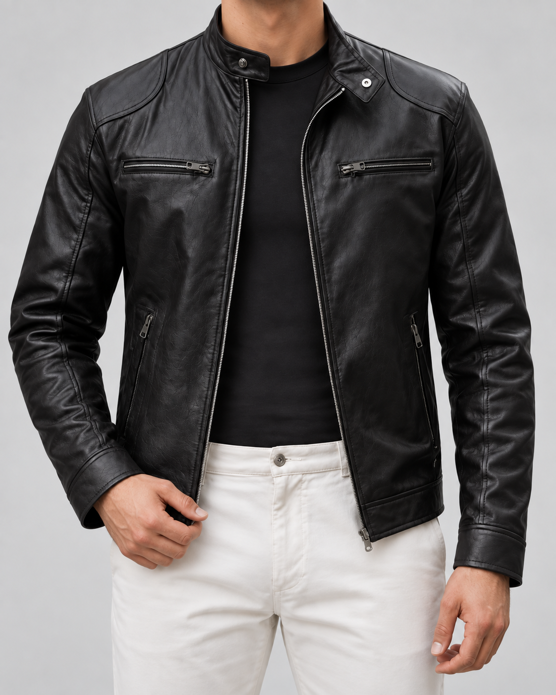 Giacca Uomo Cafe Racer Effetto Pelle Collo Alto con Zip