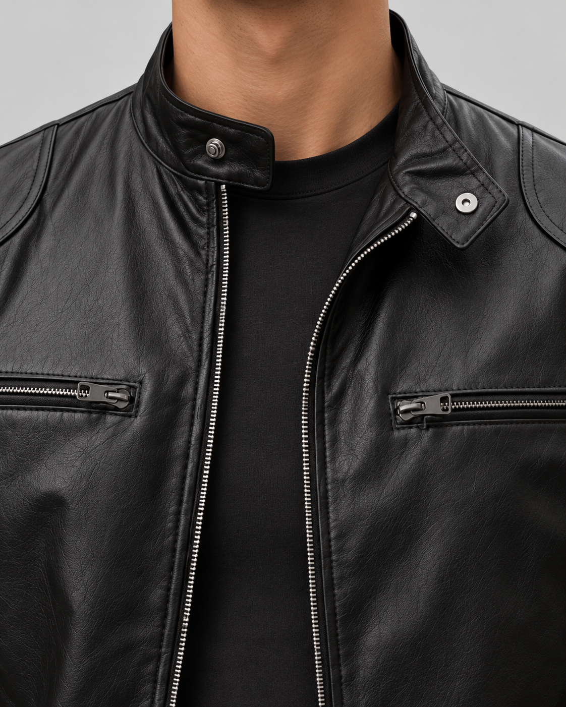 Giacca Uomo Cafe Racer Effetto Pelle Collo Alto con Zip