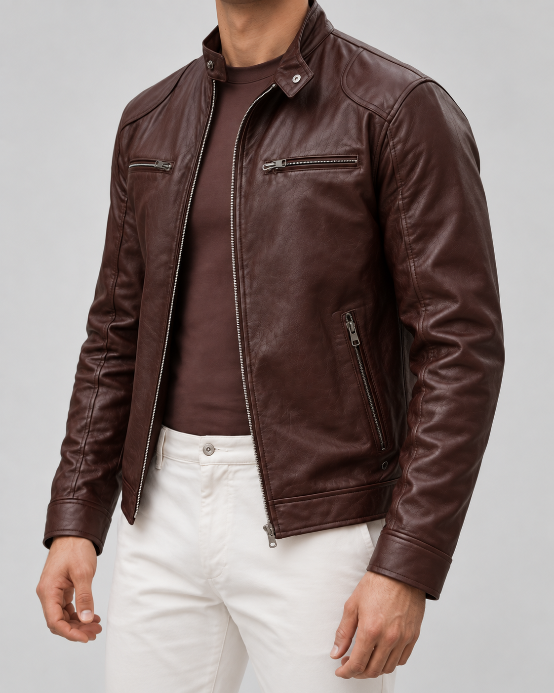 Giacca Uomo Cafe Racer Effetto Pelle Collo Alto con Zip