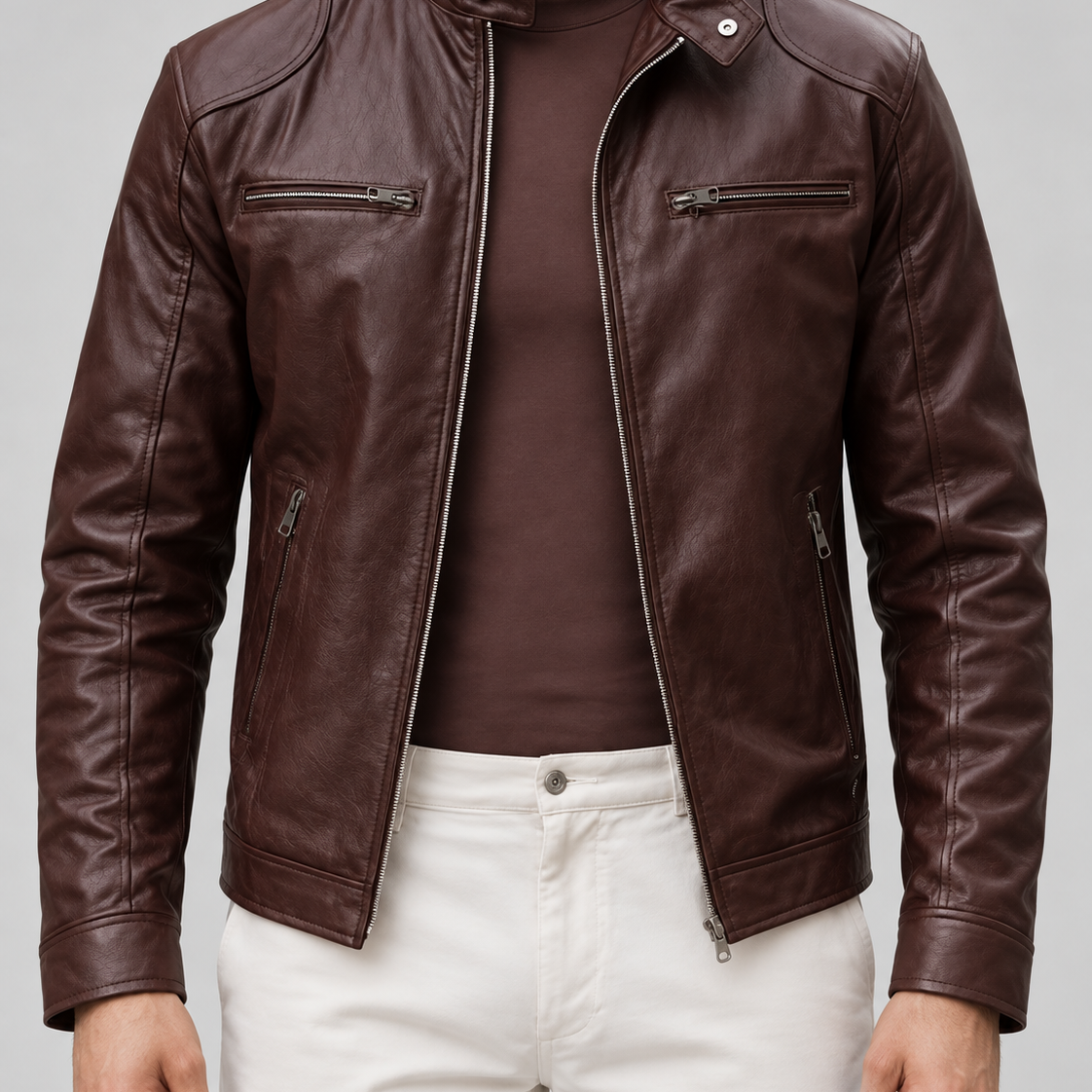 Giacca Uomo Cafe Racer Effetto Pelle Collo Alto con Zip
