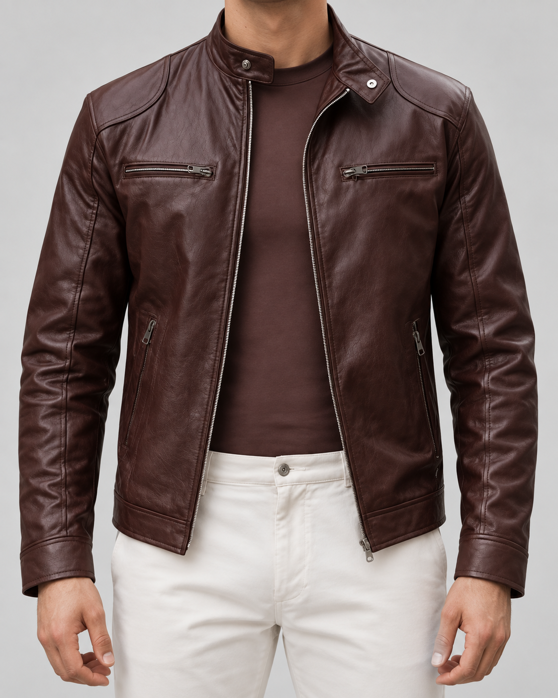 Giacca Uomo Cafe Racer Effetto Pelle Collo Alto con Zip