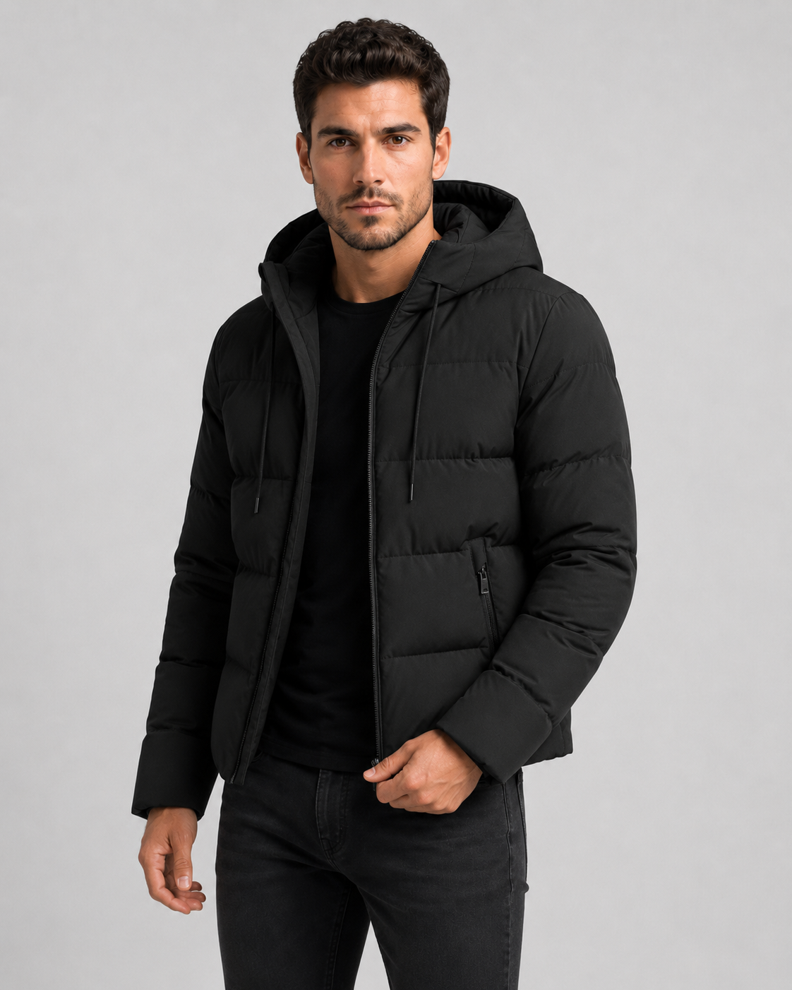 Giacca Uomo Imbottita con Cappuccio Tasche Zip Polsini a Coste