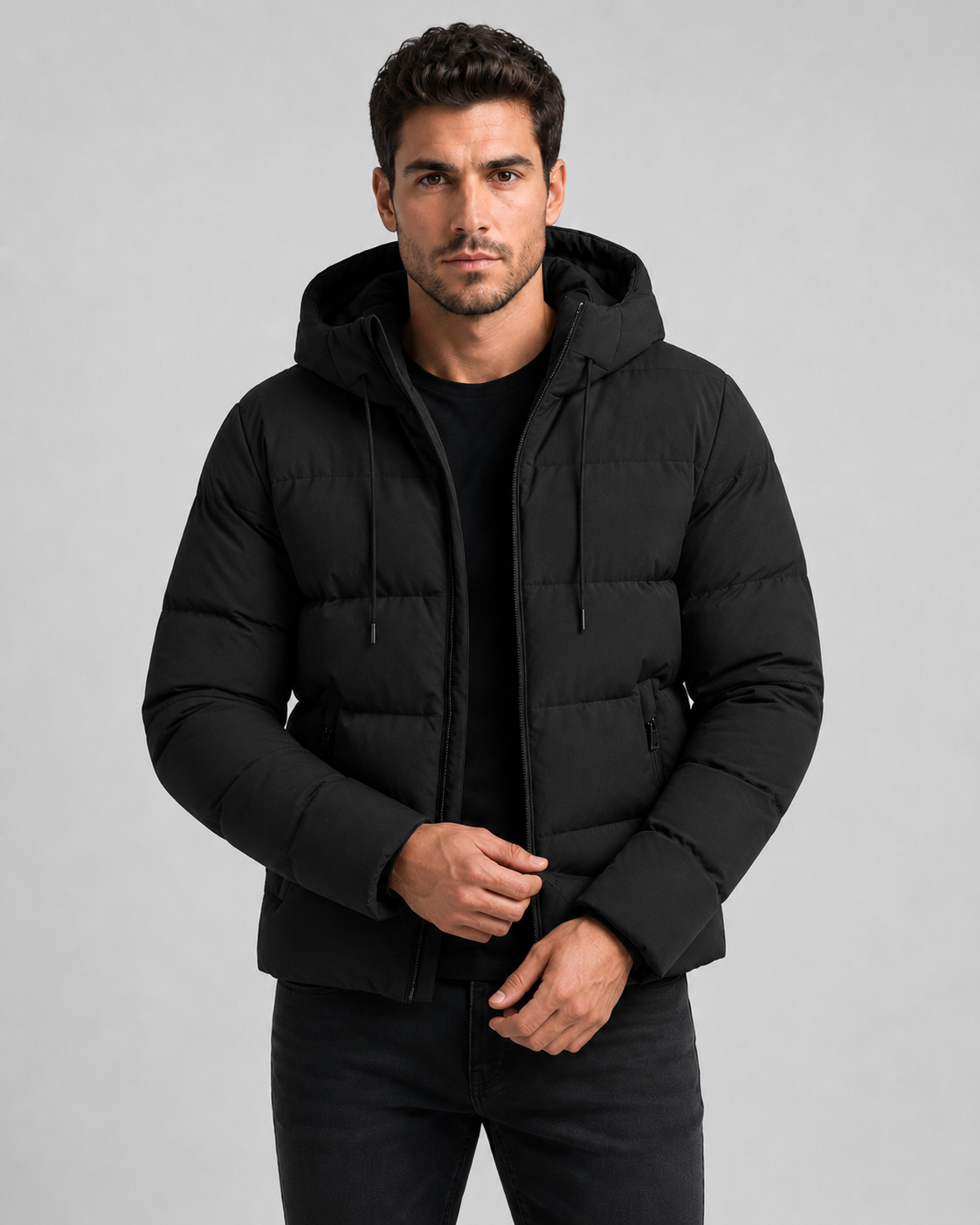 Giacca Uomo Imbottita con Cappuccio Tasche Zip Polsini a Coste