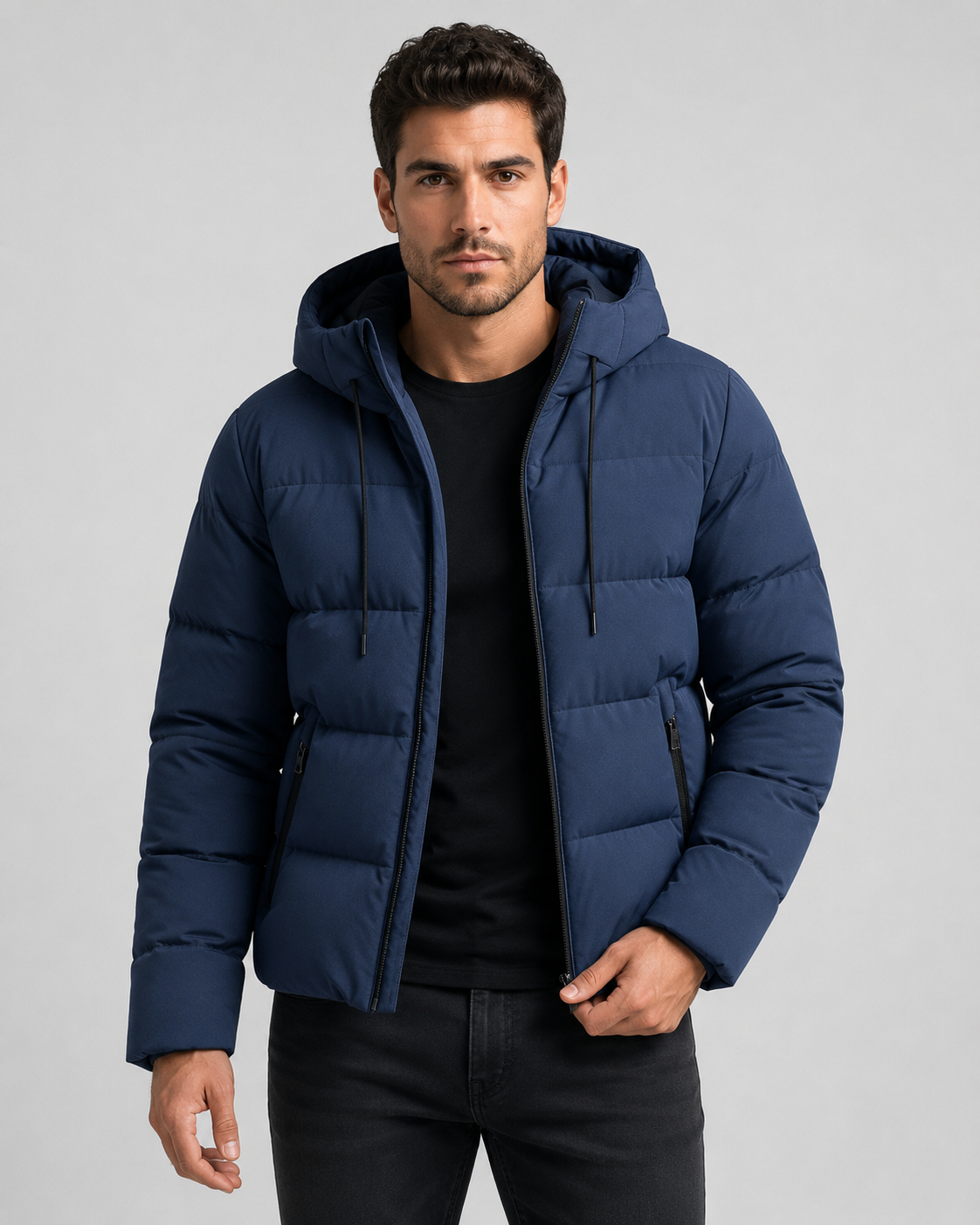 Giacca Uomo Imbottita con Cappuccio Tasche Zip Polsini a Coste